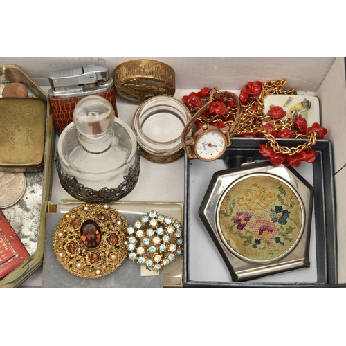 108 - A BOX OF ASSORTED ITEMS, to include a silver bonbon dish with pierced rim, hallmarked Birmingham, ru... 