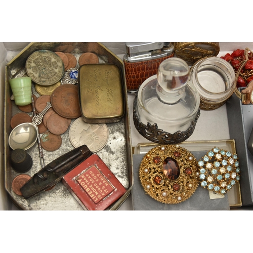 108 - A BOX OF ASSORTED ITEMS, to include a silver bonbon dish with pierced rim, hallmarked Birmingham, ru... 