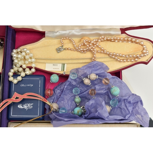 110 - A SELECTION OF COSTUME JEWELLERY, to include a Trifari bracelet, imitation pearls necklaces, a coin ... 