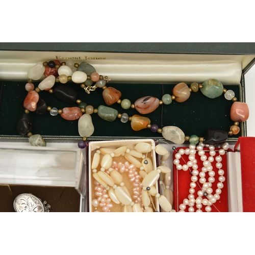 112 - A BOX OF WHITE METAL AND SEMI-PRECIOUS GEMSTONE SET JEWELLERY, to include a silver oval locket penda... 