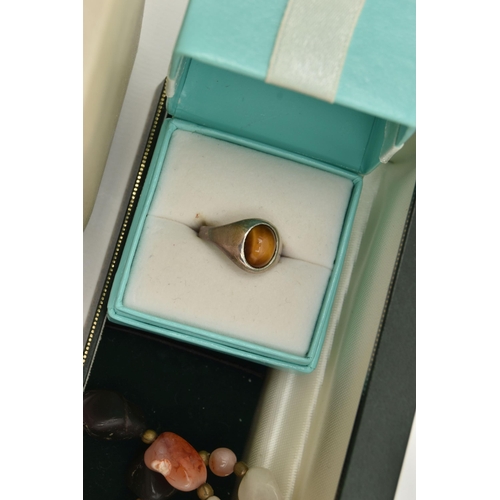 112 - A BOX OF WHITE METAL AND SEMI-PRECIOUS GEMSTONE SET JEWELLERY, to include a silver oval locket penda... 