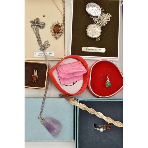 112 - A BOX OF WHITE METAL AND SEMI-PRECIOUS GEMSTONE SET JEWELLERY, to include a silver oval locket penda... 