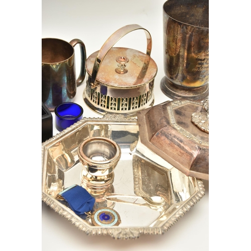 113 - A SILVER COMMEMORATIVE COIN MOUNTED DISH, SALTS AND OTHER ITEMS,  to include a silver commemorative ... 