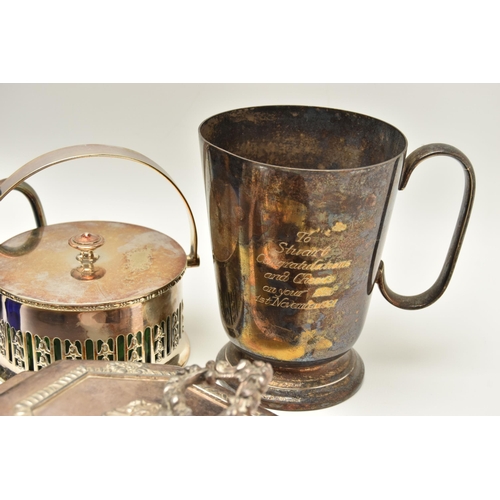 113 - A SILVER COMMEMORATIVE COIN MOUNTED DISH, SALTS AND OTHER ITEMS,  to include a silver commemorative ... 