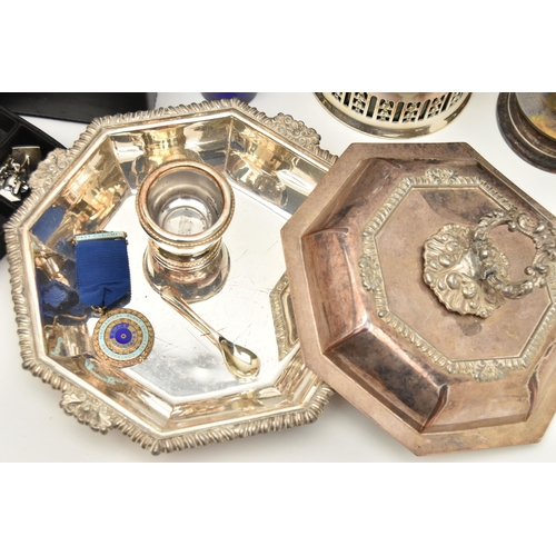 113 - A SILVER COMMEMORATIVE COIN MOUNTED DISH, SALTS AND OTHER ITEMS,  to include a silver commemorative ... 