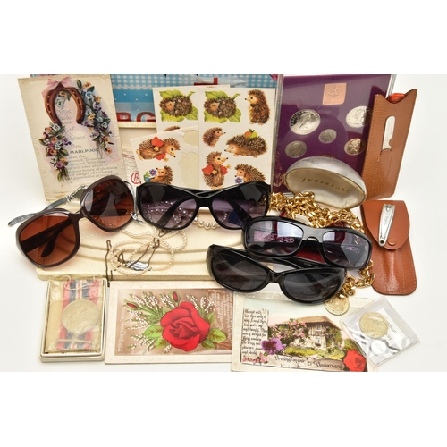 114 - A BOX OF ASSORTED ITEMS, to include women's sunglasses, costume jewellery pieces, two Robertsons mas... 