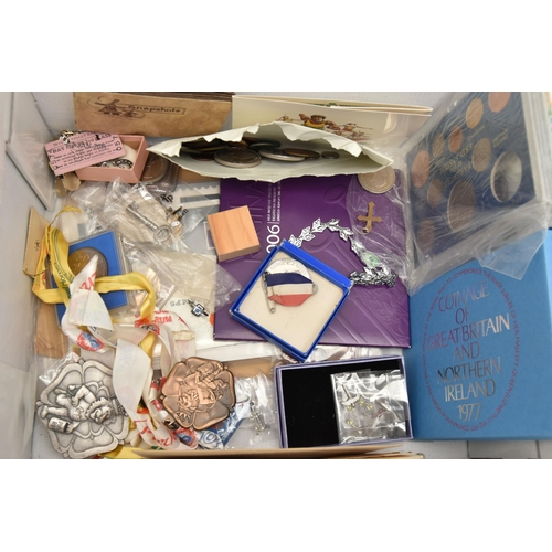 114 - A BOX OF ASSORTED ITEMS, to include women's sunglasses, costume jewellery pieces, two Robertsons mas... 