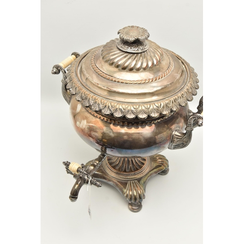 120 - A LATE 19TH/EARLY 20TH CENTURY SILVER PLATED SAMOVAR/TEA URN, the squat baluster body, acanthus leaf... 