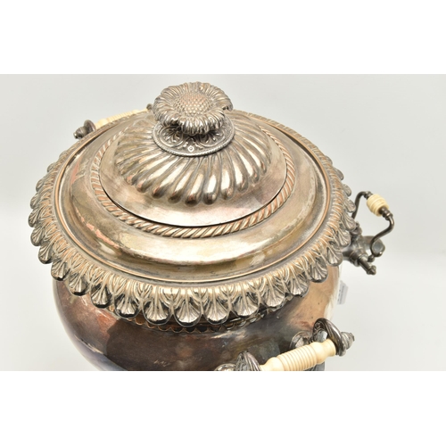 120 - A LATE 19TH/EARLY 20TH CENTURY SILVER PLATED SAMOVAR/TEA URN, the squat baluster body, acanthus leaf... 