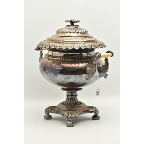 120 - A LATE 19TH/EARLY 20TH CENTURY SILVER PLATED SAMOVAR/TEA URN, the squat baluster body, acanthus leaf... 