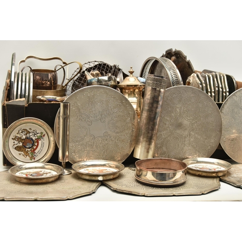 122 - A LARGE BOX OF MAINLY SILVER PLATED WARE, to include placemats, four Queen Elizabeth II silver jubil... 