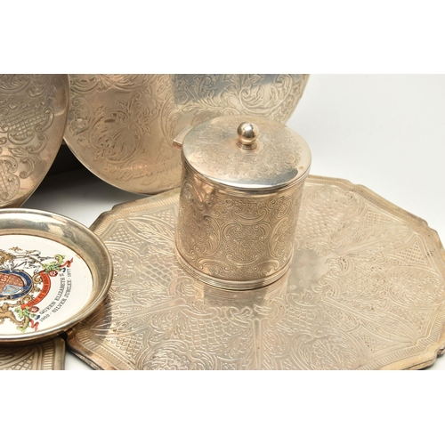 122 - A LARGE BOX OF MAINLY SILVER PLATED WARE, to include placemats, four Queen Elizabeth II silver jubil... 