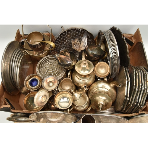 122 - A LARGE BOX OF MAINLY SILVER PLATED WARE, to include placemats, four Queen Elizabeth II silver jubil... 