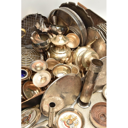 122 - A LARGE BOX OF MAINLY SILVER PLATED WARE, to include placemats, four Queen Elizabeth II silver jubil... 