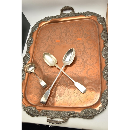 124 - A LARGE COPPER TRAY AND METAL WARE, large rectangular copper tray with foliate pattern border and do... 