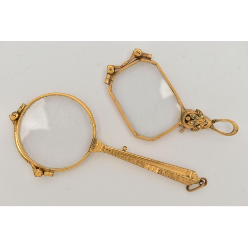 127 - TWO PAIRS OF LORGNETTES, the first designed with circular lenses and short tapered handle, the secon... 