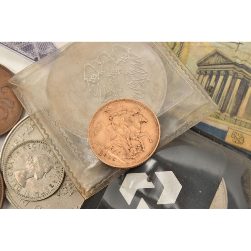 137 - A SMALL PLASTIC TUB CONTAINING A FULL GOLD SOVEREIGN COIN AND A SMALL AMOUNT OF UK COINS, to include... 