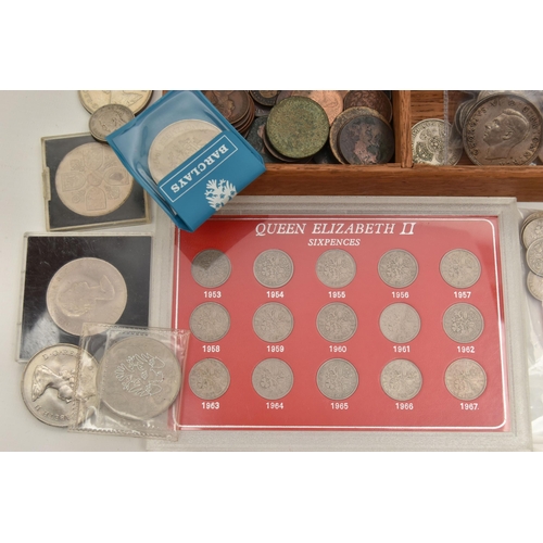 140 - A CARDBOARD BOX CONTAINING A FITTED WOODEN BOX OF MIXED COINAGE, to include a 1937 George VI Crown c... 