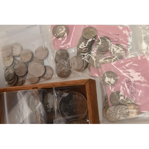 140 - A CARDBOARD BOX CONTAINING A FITTED WOODEN BOX OF MIXED COINAGE, to include a 1937 George VI Crown c... 