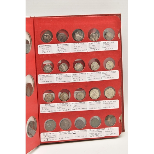 141 - A COIN ALBUM CONTAINING ROMAN  SILVER, BRONZE, BRASS, COPPER COINAGE, to include Silver Denarius Ves... 