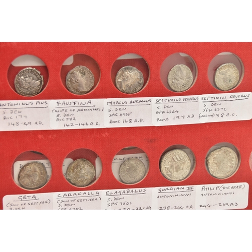 141 - A COIN ALBUM CONTAINING ROMAN  SILVER, BRONZE, BRASS, COPPER COINAGE, to include Silver Denarius Ves... 