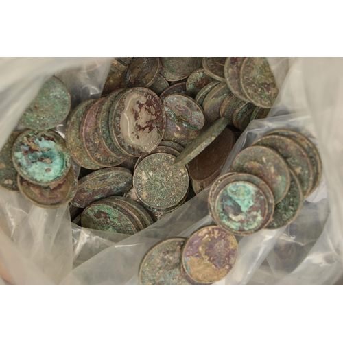 142 - A PLASTIC BAG OF MID 20th CENTURY COINAGE, to include over 4.5 Kilo of Pre 1947 heavily stained and ... 