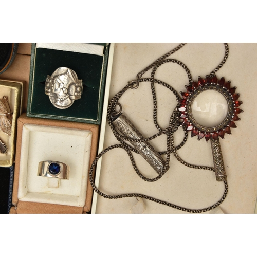 144 - A BOX OF SILVER AND WHITE METAL JEWELLERY, to include a boxed 1977 silver jubilee commemorative pend... 