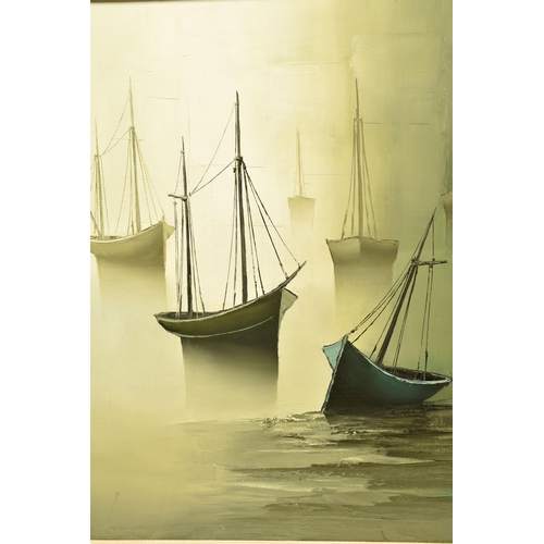 290 - GILBERT BRIA (FRANCE 1933-) 'MARINES' A MISTY HARBOUR VIEW, small boats are at their moorings on a m... 