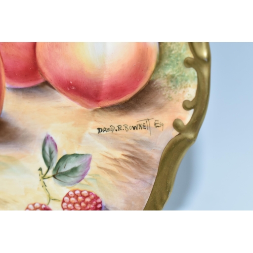 301 - A DAVID BOWKETT FINE BONE CHINA CABINET PLATE, hand painted with peaches and cherries against a moss... 