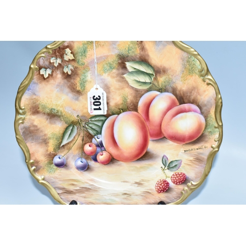 301 - A DAVID BOWKETT FINE BONE CHINA CABINET PLATE, hand painted with peaches and cherries against a moss... 