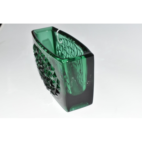 302 - A 1960'S RUDOLFOVA GLASSWORKS JARDINIÉRE, dark green glass with convex discs of hobnail patterns, pr... 