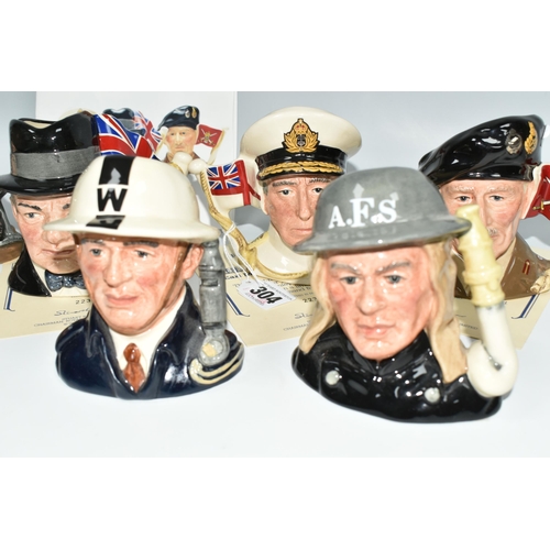 304 - SIX ROYAL DOULTON LIMITED EDITION CHARACTER JUGS, comprising a set of three 'The Heroic Leaders' Sir... 