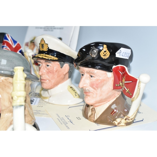 304 - SIX ROYAL DOULTON LIMITED EDITION CHARACTER JUGS, comprising a set of three 'The Heroic Leaders' Sir... 