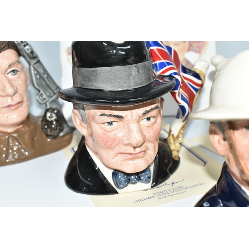 304 - SIX ROYAL DOULTON LIMITED EDITION CHARACTER JUGS, comprising a set of three 'The Heroic Leaders' Sir... 