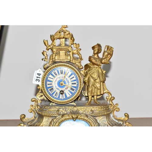 314 - A DECORATIVE FRENCH GILT SPELTER MANTEL CLOCK with hand painted porcelain decorative plaques, with a... 