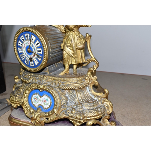 314 - A DECORATIVE FRENCH GILT SPELTER MANTEL CLOCK with hand painted porcelain decorative plaques, with a... 