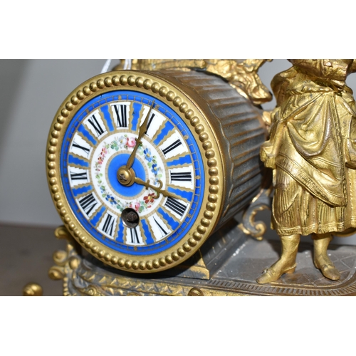 314 - A DECORATIVE FRENCH GILT SPELTER MANTEL CLOCK with hand painted porcelain decorative plaques, with a... 