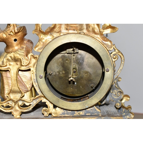 314 - A DECORATIVE FRENCH GILT SPELTER MANTEL CLOCK with hand painted porcelain decorative plaques, with a... 