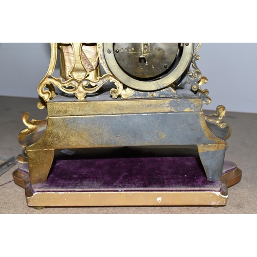 314 - A DECORATIVE FRENCH GILT SPELTER MANTEL CLOCK with hand painted porcelain decorative plaques, with a... 