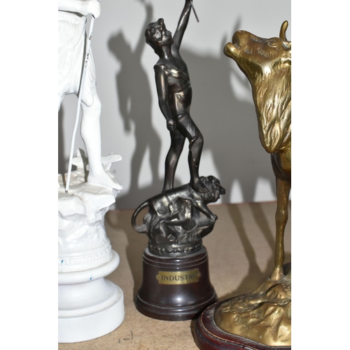 315 - FOUR METAL DECORATIVE FIGURES to include a brass Stag on raised outcrop height 29cm, a bronzed spelt... 