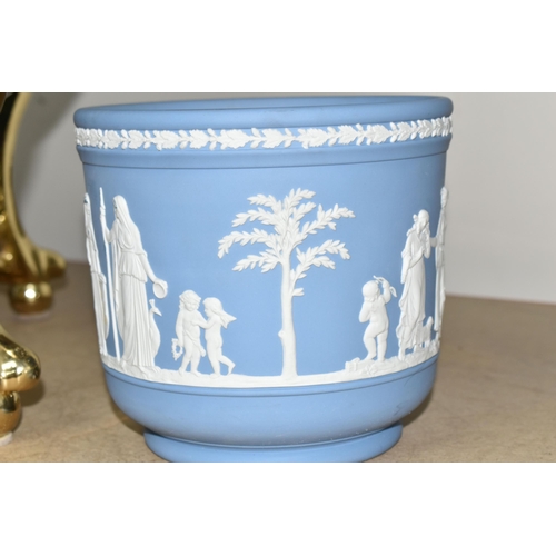 316 - AN INLAID GLOBE AND TWO WEDGWOOD JASPERWARE PLANTERS to include a large late twentieth century globe... 