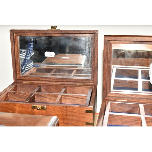 319 - SIX JEWELLERY BOXES to include three boxes with lower drawer and removable inner compartment with mi... 