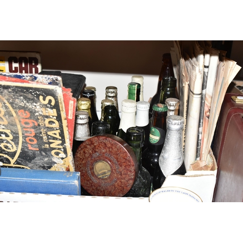 325 - A BOX AND LOOSE MISCELLANEOUS ITEMS to include three retro French drinks signs, a quantity of late n... 