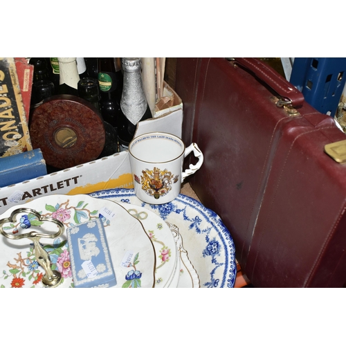 325 - A BOX AND LOOSE MISCELLANEOUS ITEMS to include three retro French drinks signs, a quantity of late n... 