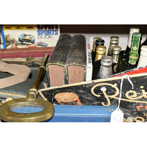 325 - A BOX AND LOOSE MISCELLANEOUS ITEMS to include three retro French drinks signs, a quantity of late n... 