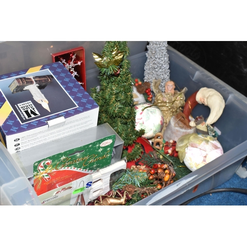 327 - SIX BOXES OF CHRISTMAS DECORATIONS to include a box of coloured tinsel, a large quantity of Christma... 