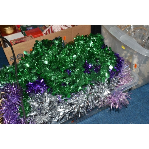 327 - SIX BOXES OF CHRISTMAS DECORATIONS to include a box of coloured tinsel, a large quantity of Christma... 