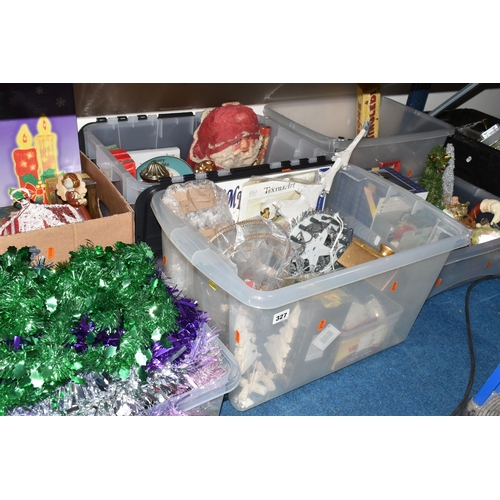 327 - SIX BOXES OF CHRISTMAS DECORATIONS to include a box of coloured tinsel, a large quantity of Christma... 