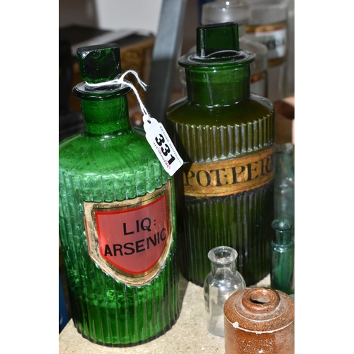 331 - A GROUP OF VICTORIAN APOTHECARY BOTTLES, comprising a clear glass jar labelled 'Magnesia', height 25... 