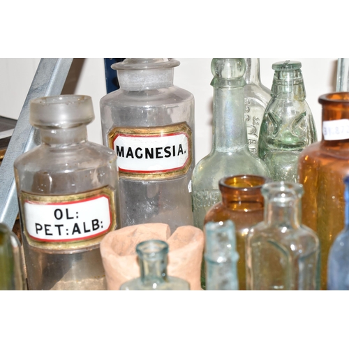 331 - A GROUP OF VICTORIAN APOTHECARY BOTTLES, comprising a clear glass jar labelled 'Magnesia', height 25... 